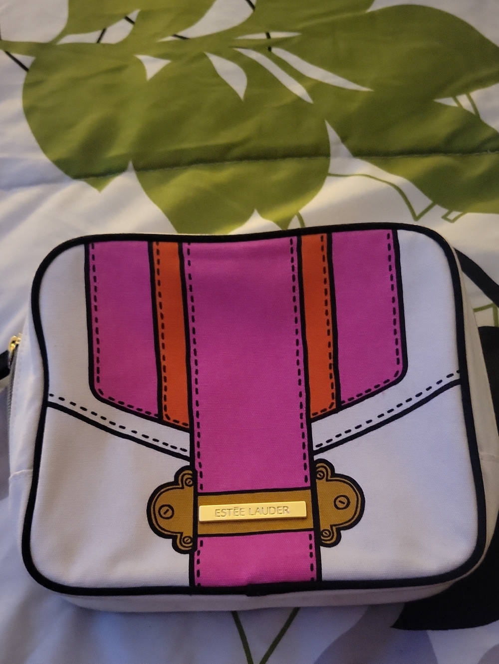 Estee Lauder White Cosmetic Bag with Pink and Orange Graphic Trim